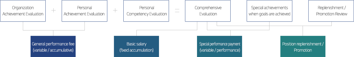 소속조직 업적평가, 개인업적평가, 개인역량평가, 종합평가, 목표달성시 특별성과금, 보임/승진 심사, 일반서과금(변동적/비누적), 기본급(고적누적), 특별성과금(변동급/성과급), 직책보임/승진